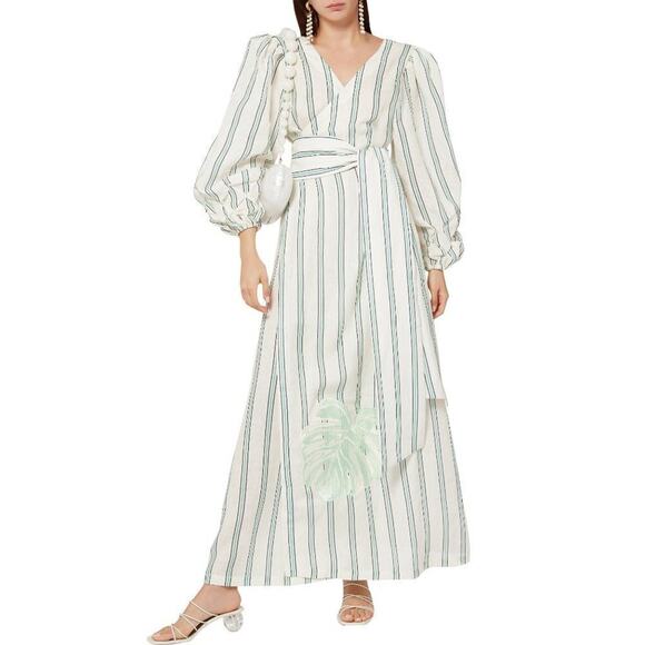 Juan de Dios Leticia Multicolor Striped Linen Embroidered Wrap Maxi Dress - Picture 1 of 8